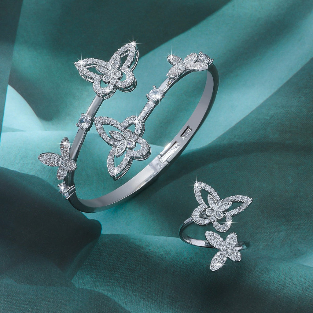Dual Dancing Butterflies Bangle and Ring Set| Gold &Silver