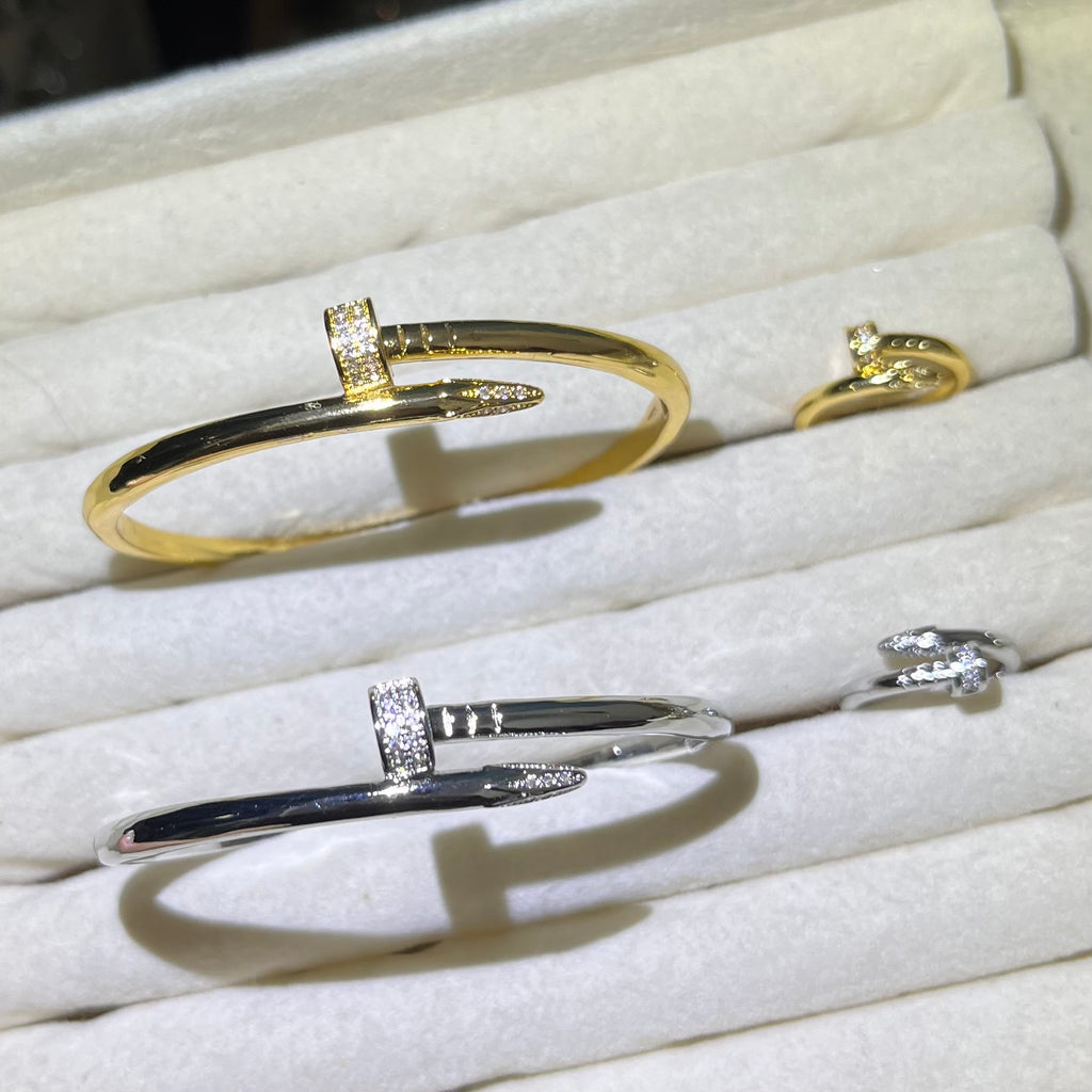 Dainty Nail it plain gold& silver bangle and ring set