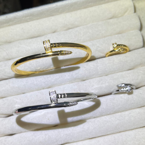 Dainty Nail it plain gold& silver bangle and ring set