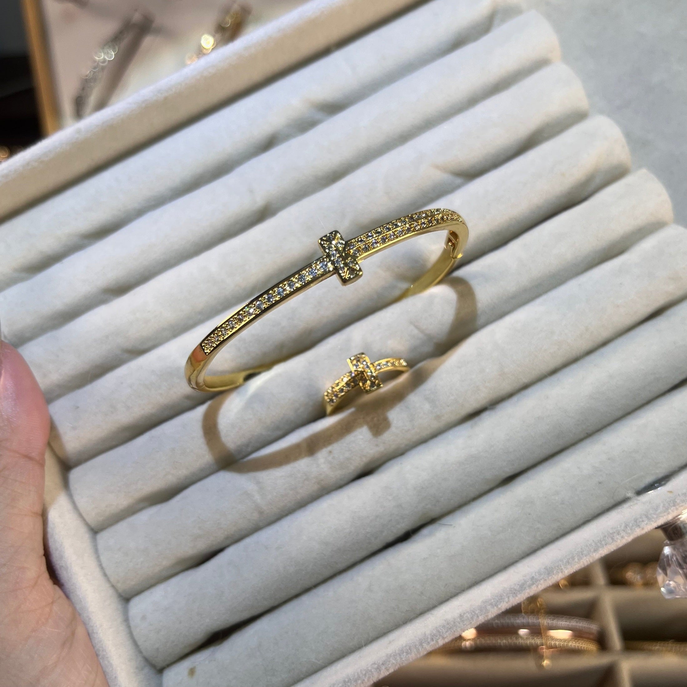 T-Shape Cross Pave Lab-Created Gemstone Bangle & Ring Set | Gold& Silver Tone Jewelry