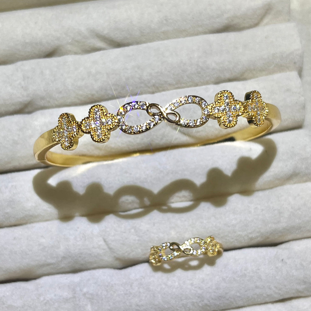Infinity Clover forever good luck Lab-Created Gemstone Bangle and ring set| Gold& Silver Tone Jewelry
