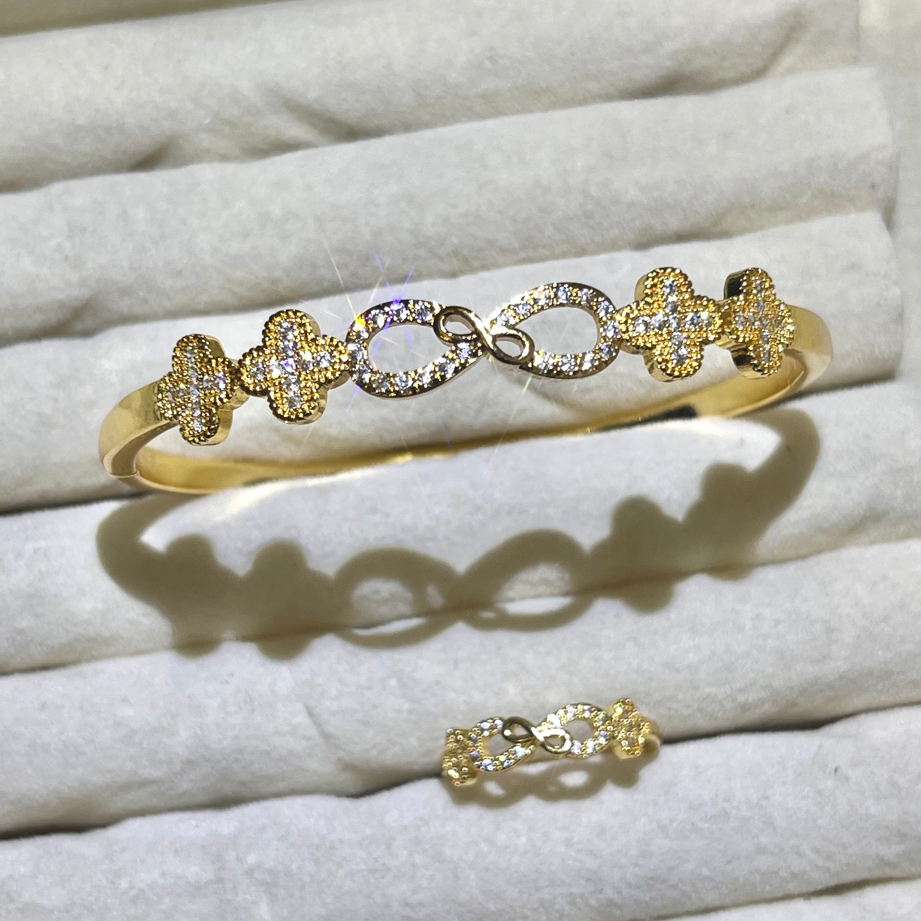 Infinity Clover forever good luck Lab-Created Gemstone Bangle and ring set| Gold& Silver Tone Jewelry