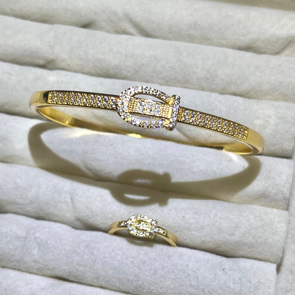 Buckle stylish Lab-Created Gemstone Bangle and ring set| Gold& Silver Tone Jewelry