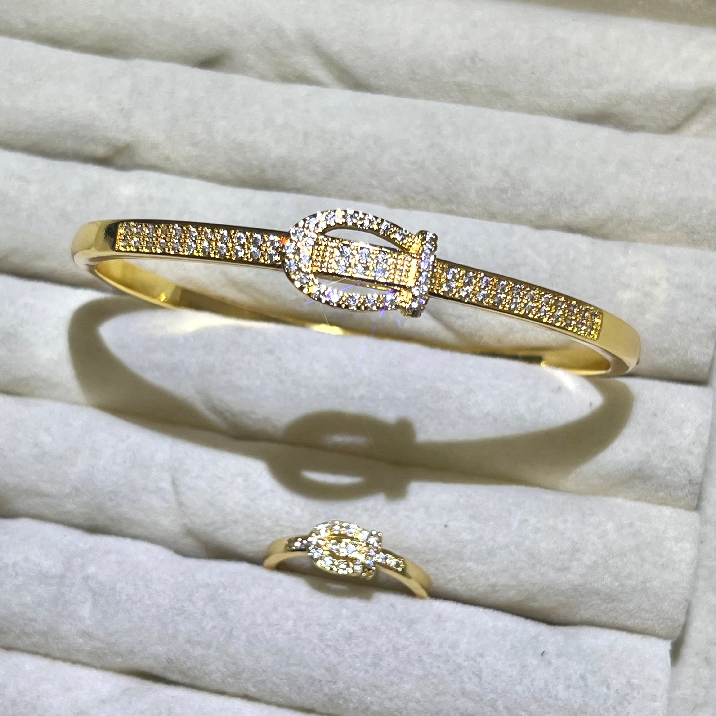 Buckle stylish Lab-Created Gemstone Bangle and ring set| Gold& Silver Tone Jewelry