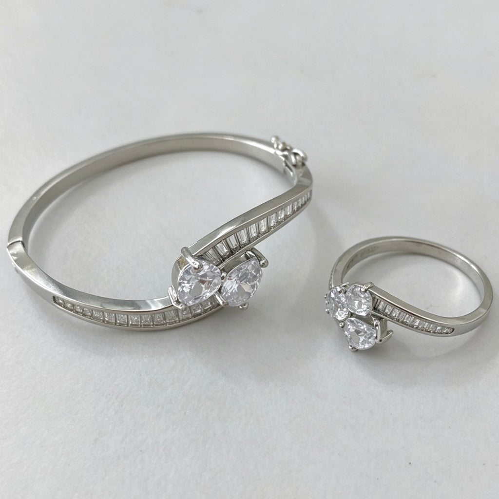 “You & Me” Pear cut Bangle and Ring set| Gold & Silver