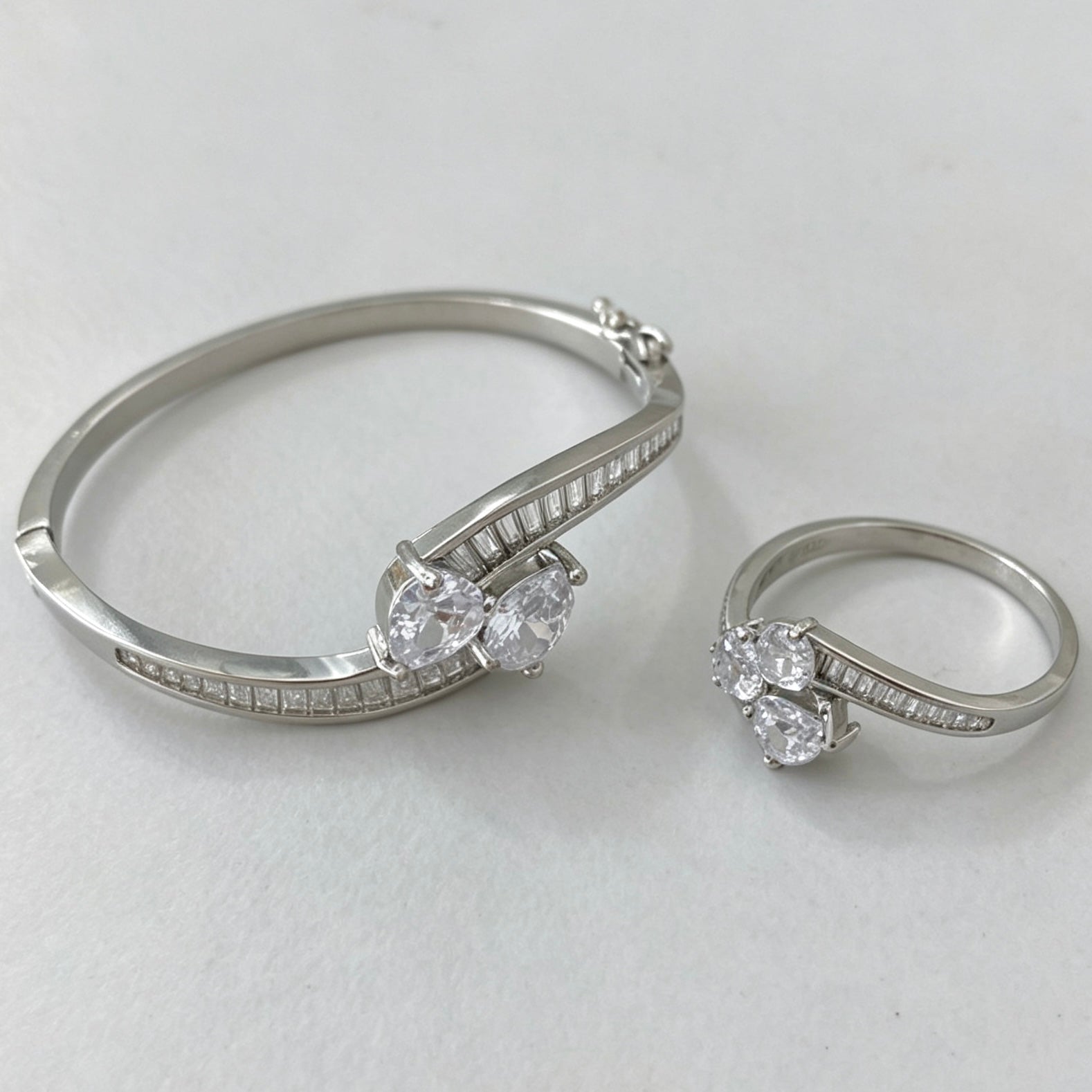 “You & Me” Pear cut Bangle and Ring set| Gold & Silver