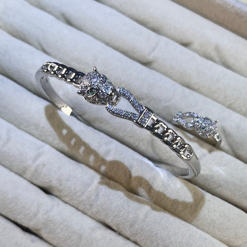 Chain Link Panther Head Lab-Created Gemstone Bracelet & Ring Set | Gold& Silver Tone Jewelry