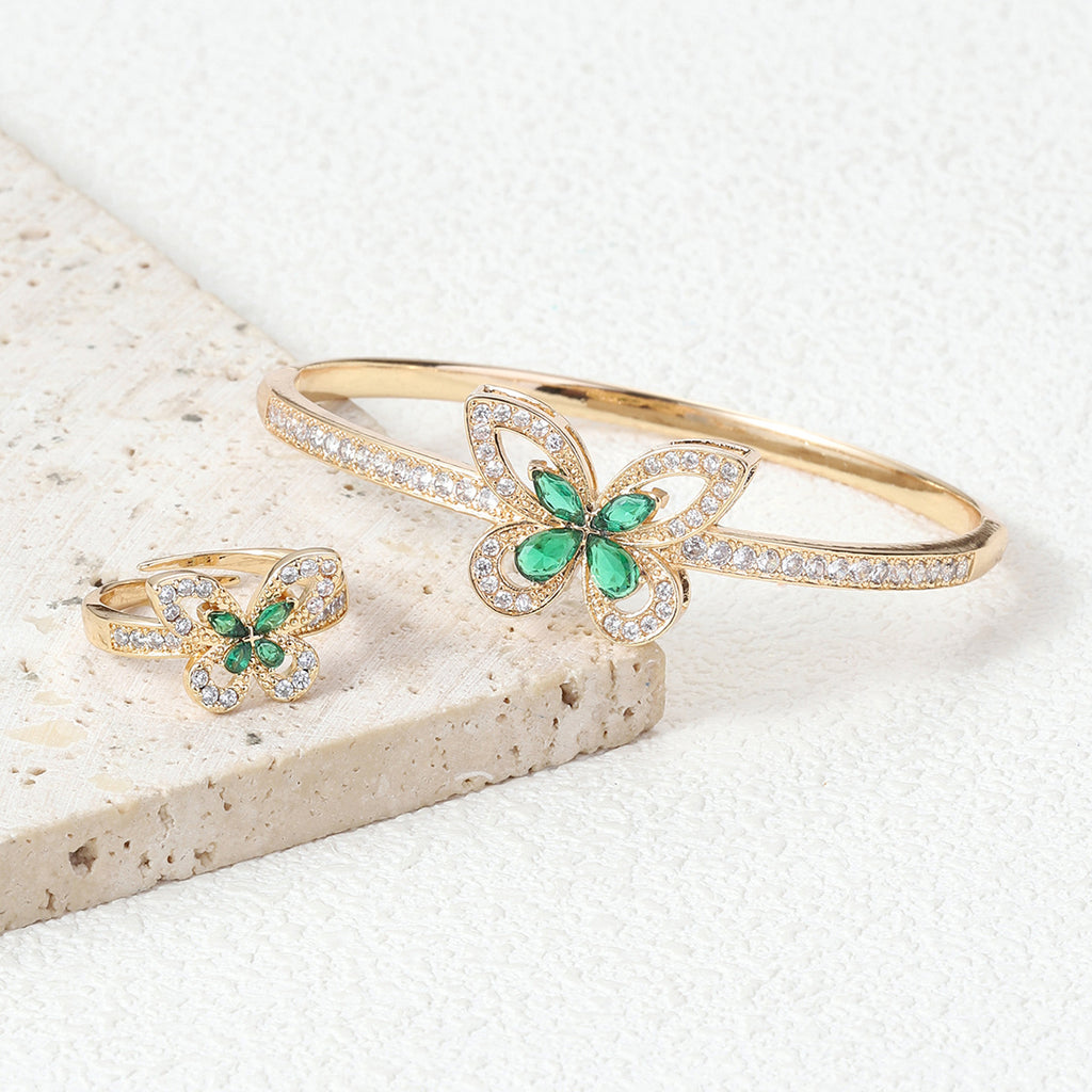 Green butterfly 🦋 Lab grown Emerald Golden& Silver bangle sand ring set