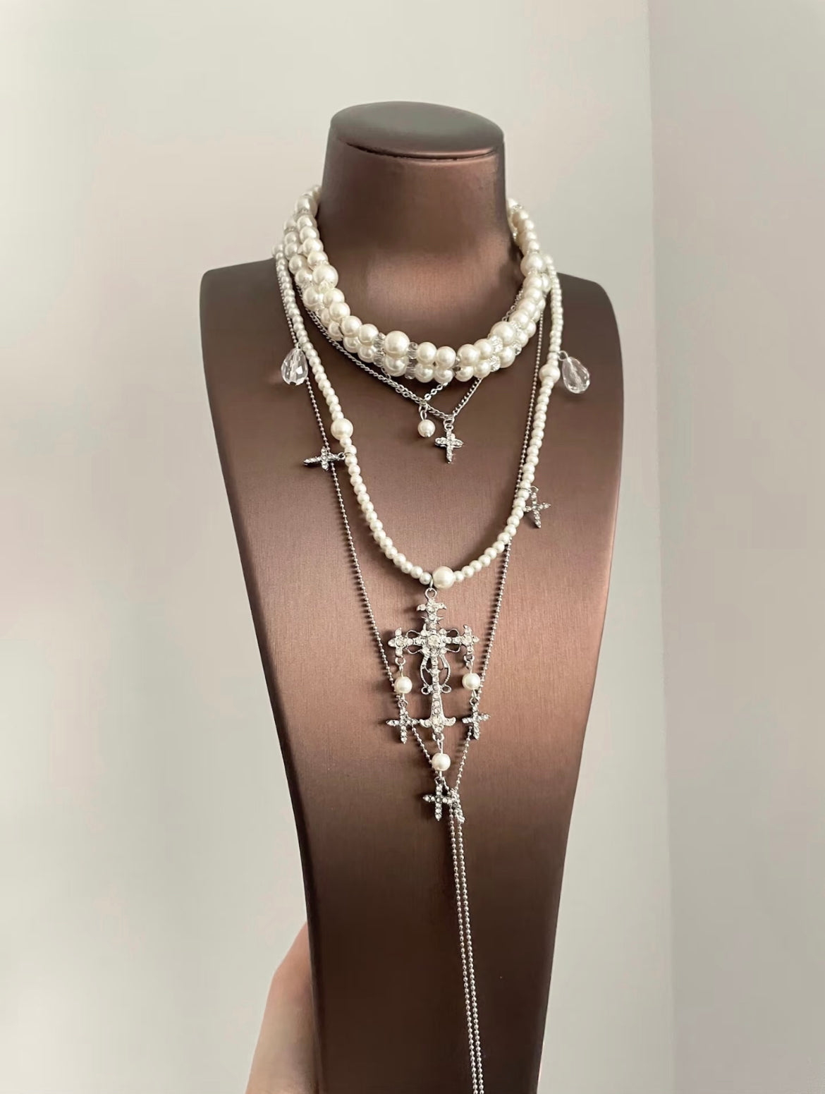 Gothic Cross Layered Pearl Necklace, Y2K Silver Stacked Choker
