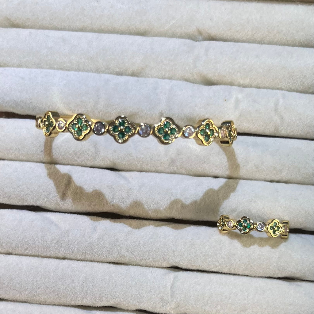 Lucky Clover Multicolor Lab-Created Gemstone Bangle & Ring Set | Gold-Tone Jewelry