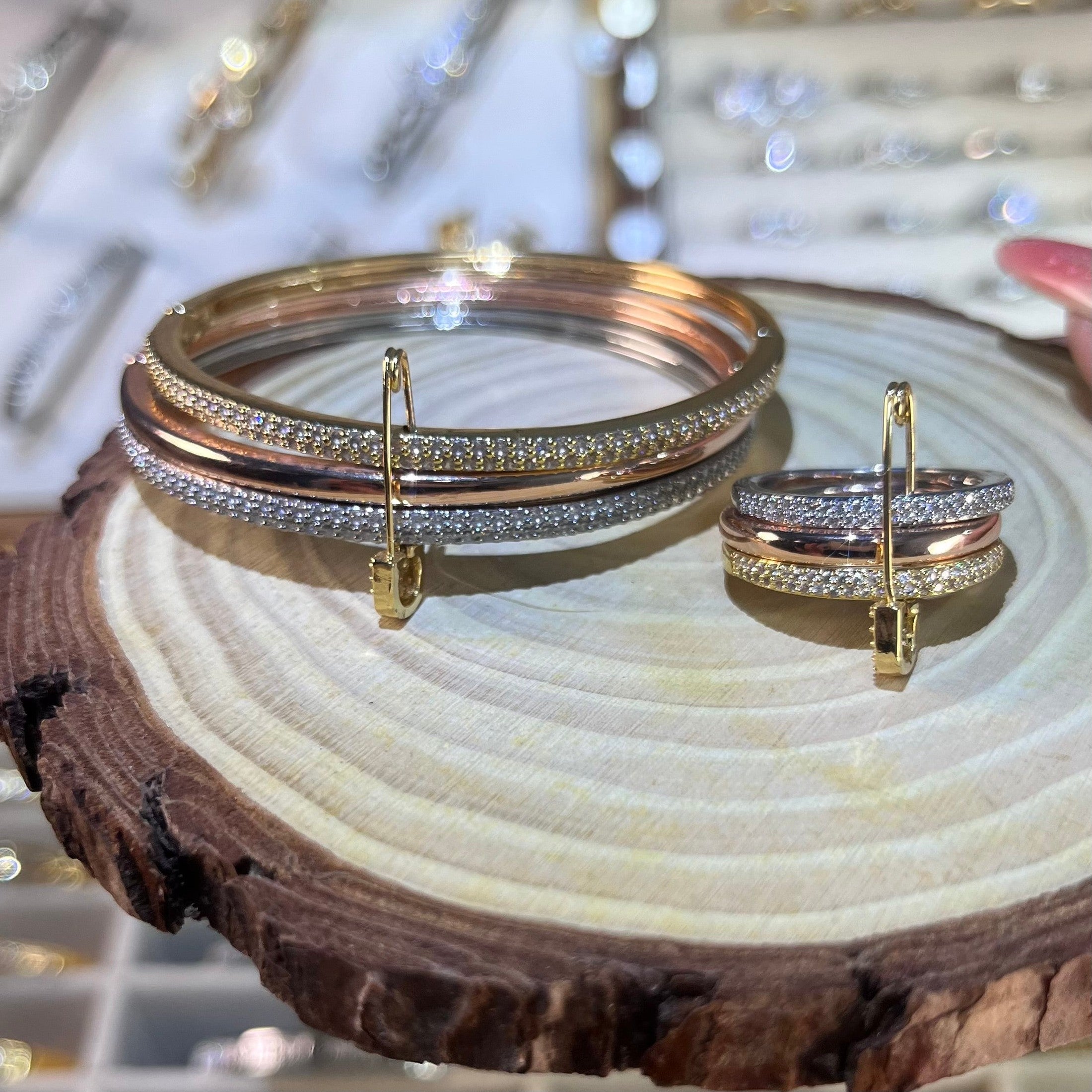 Tri-Tone Safety Pin Lab-Created Gemstone Stackable Bangle & Ring Set | Gold-Tone Jewelry