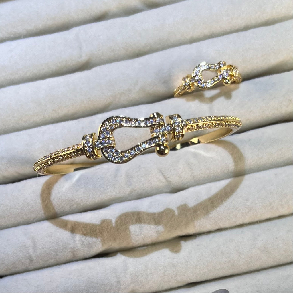 Horseshoe Buckle Lab-Created Gemstone Bracelet & Ring Set | Gold-Tone Jewelry