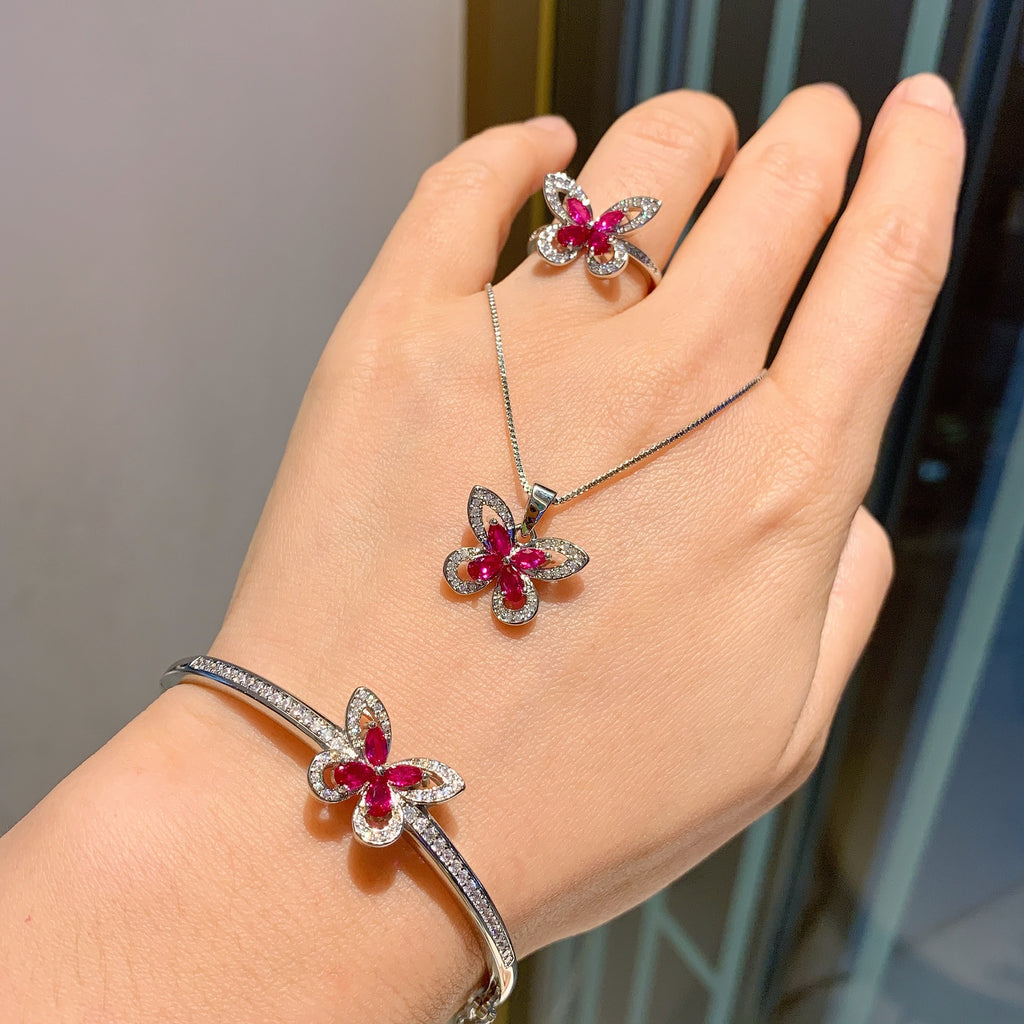 🦋 Lab grown ruby& aquamarine ✨Butterflies and ring set