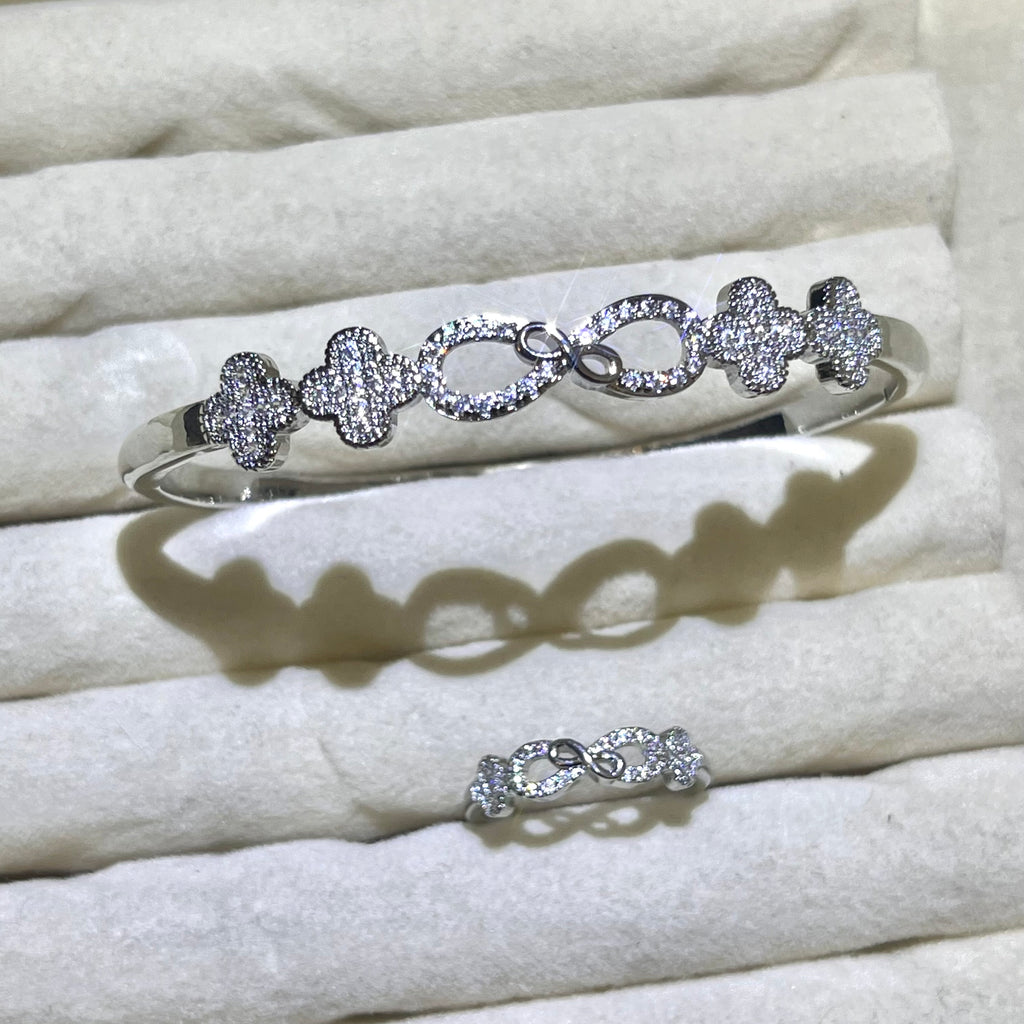 Infinity Clover forever good luck Lab-Created Gemstone Bangle and ring set| Gold& Silver Tone Jewelry