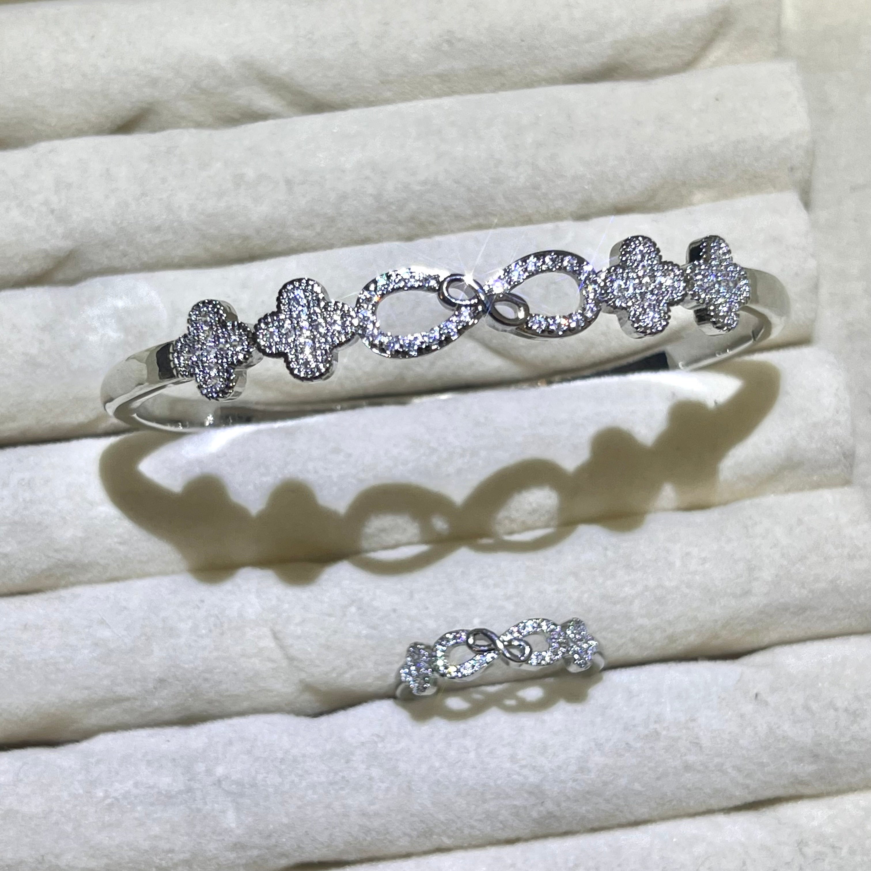 Infinity Clover forever good luck Lab-Created Gemstone Bangle and ring set| Gold& Silver Tone Jewelry