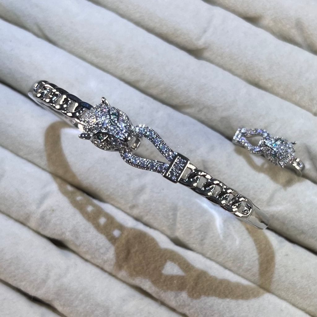 Chain Link Panther Head Lab-Created Gemstone Bracelet & Ring Set | Gold& Silver Tone Jewelry