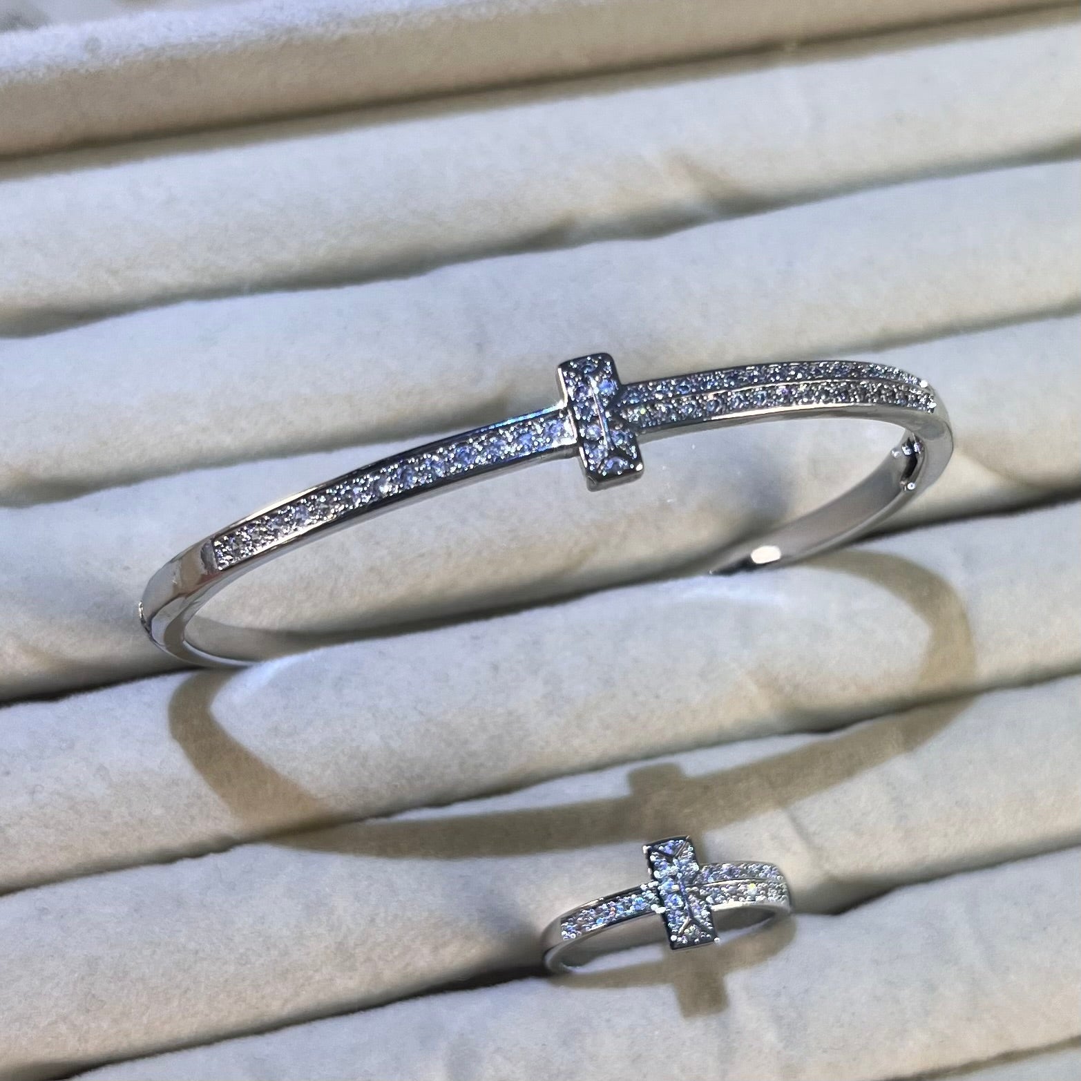 T-Shape Cross Pave Lab-Created Gemstone Bangle & Ring Set | Gold& Silver Tone Jewelry