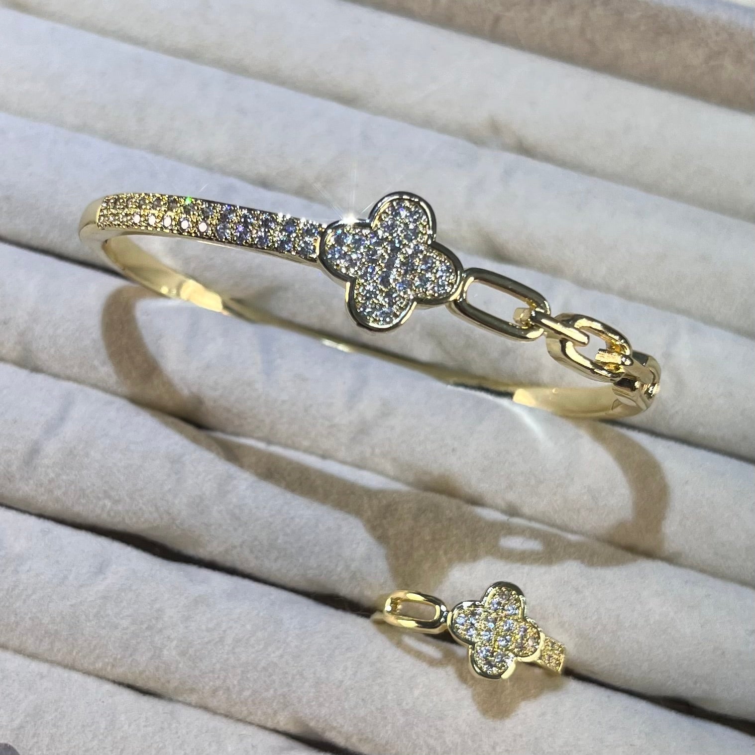 Pave Four-Leaf Clover Paperclip Link Lab-Created Gemstone Bracelet & Ring Set | Gold-Tone Jewelry