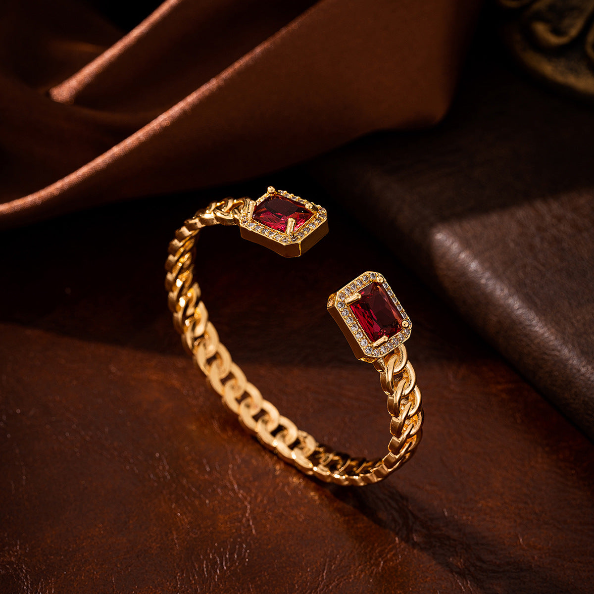 Vintage Ruby Red Cuban Link Bangle and Ring set