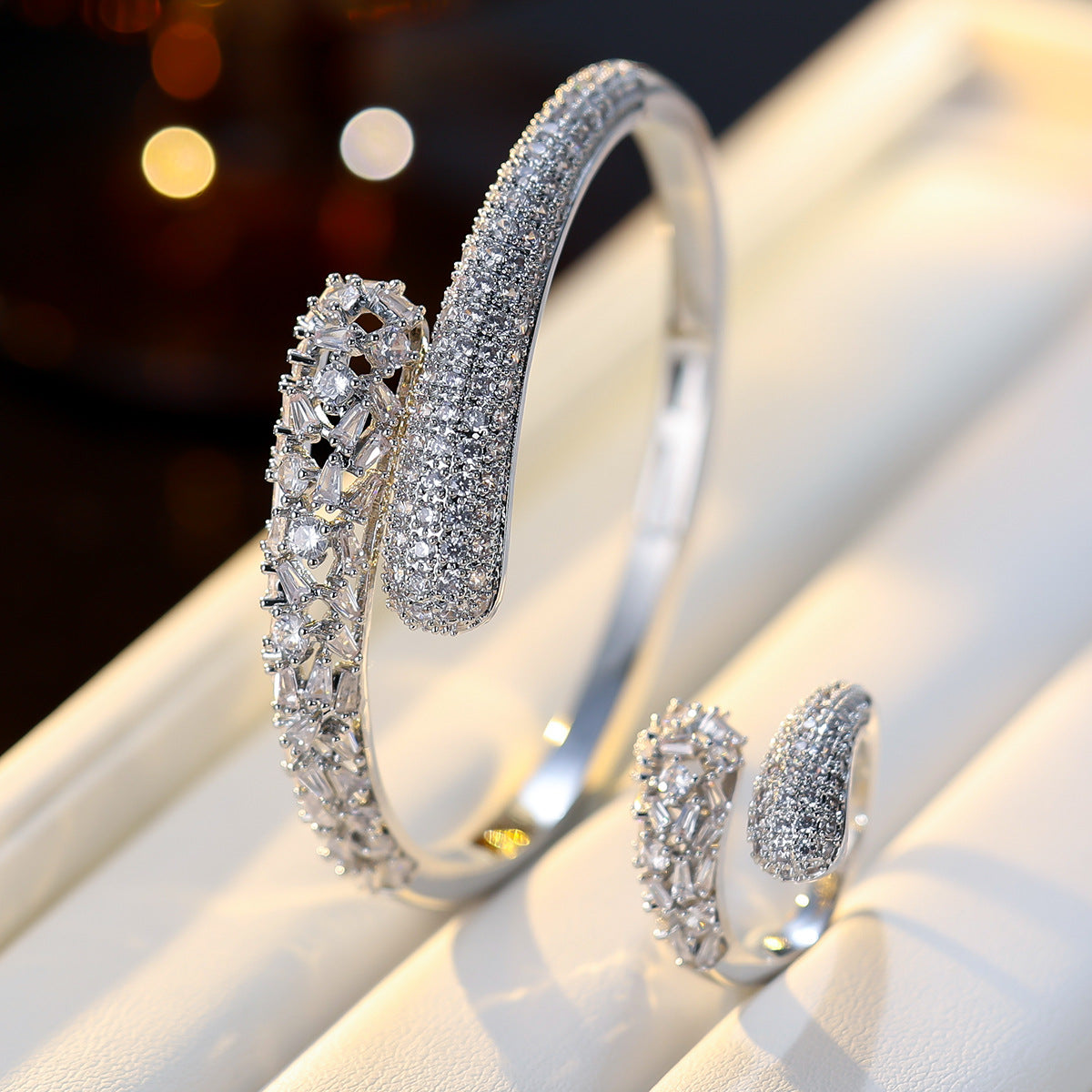 Sparkling Rows Wrap Bangle and Ring set| Gold&Silver