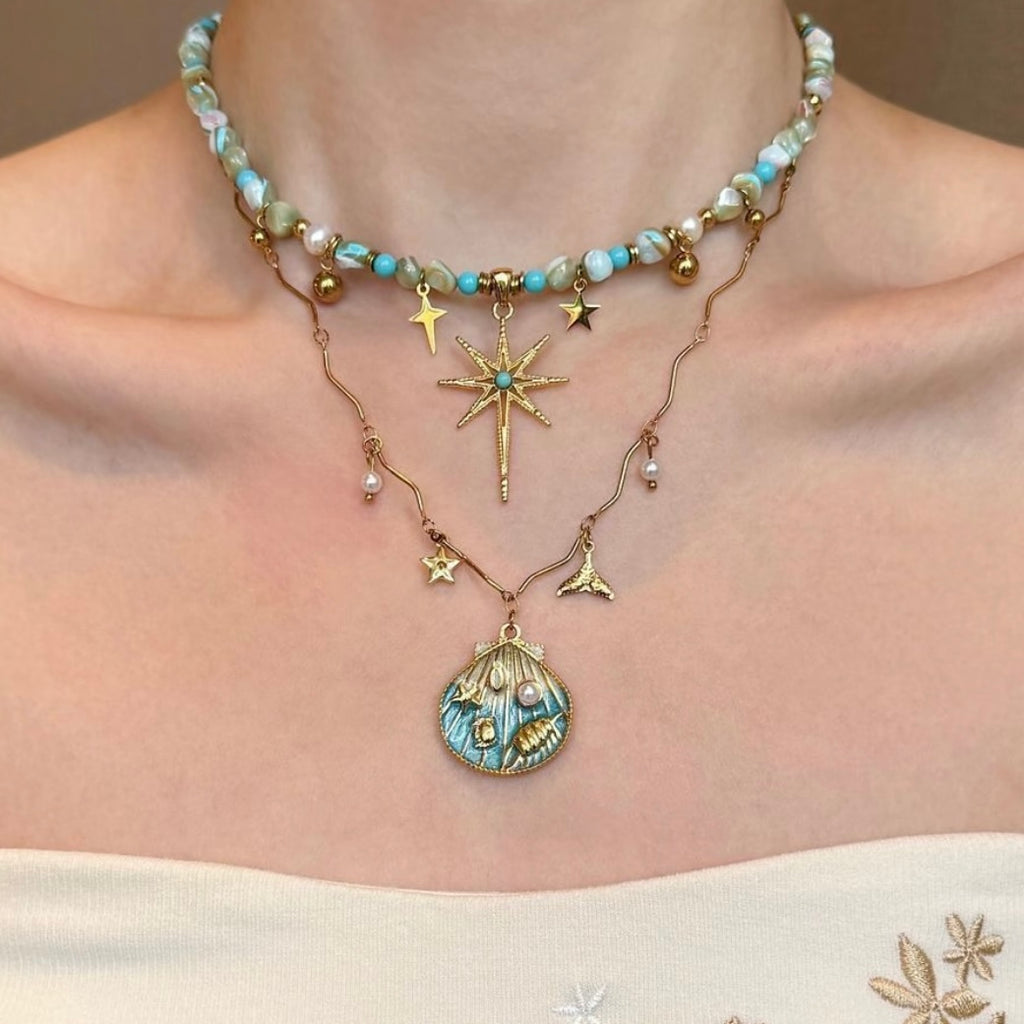 Vintage Coastal Star &Shell Layered Necklace