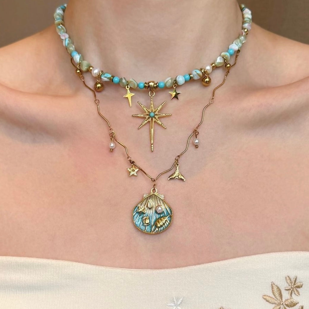 Vintage Coastal Star &Shell Layered Necklace