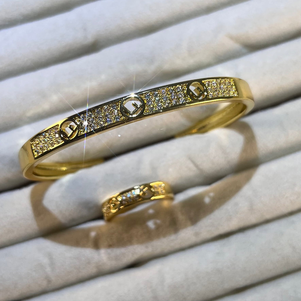 3F Hollow Pave Lab-Created Gemstone Bangle & Ring Set | Gold& Silver Tone Jewelry