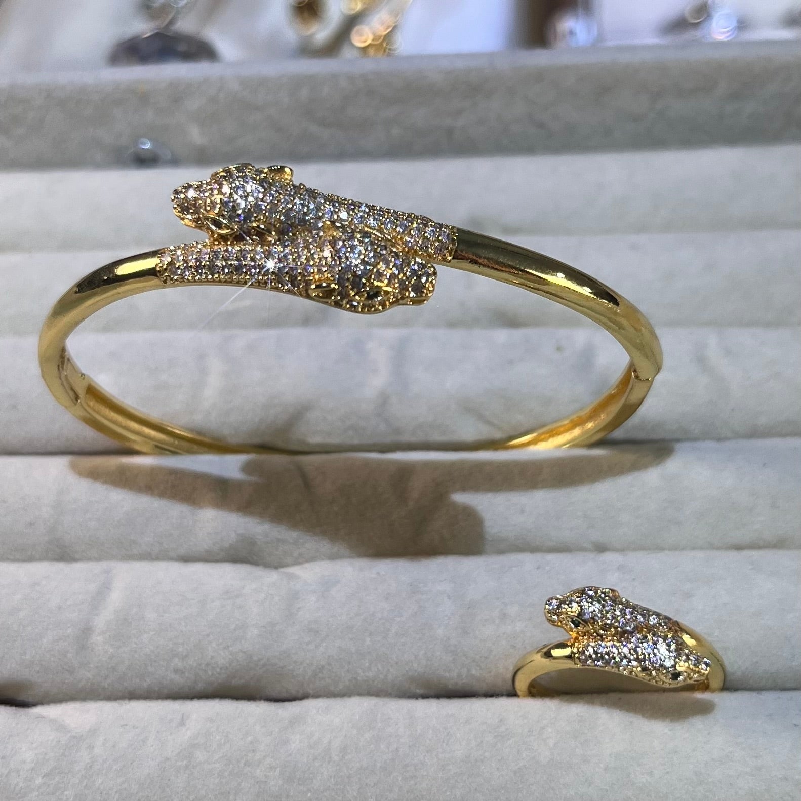 Double Panther Head Lab-Created Gemstone Bracelet & Ring Set | Gold-Tone Jewelry