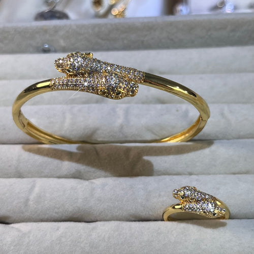 Double Panther Head Lab-Created Gemstone Bracelet & Ring Set | Gold-Tone Jewelry