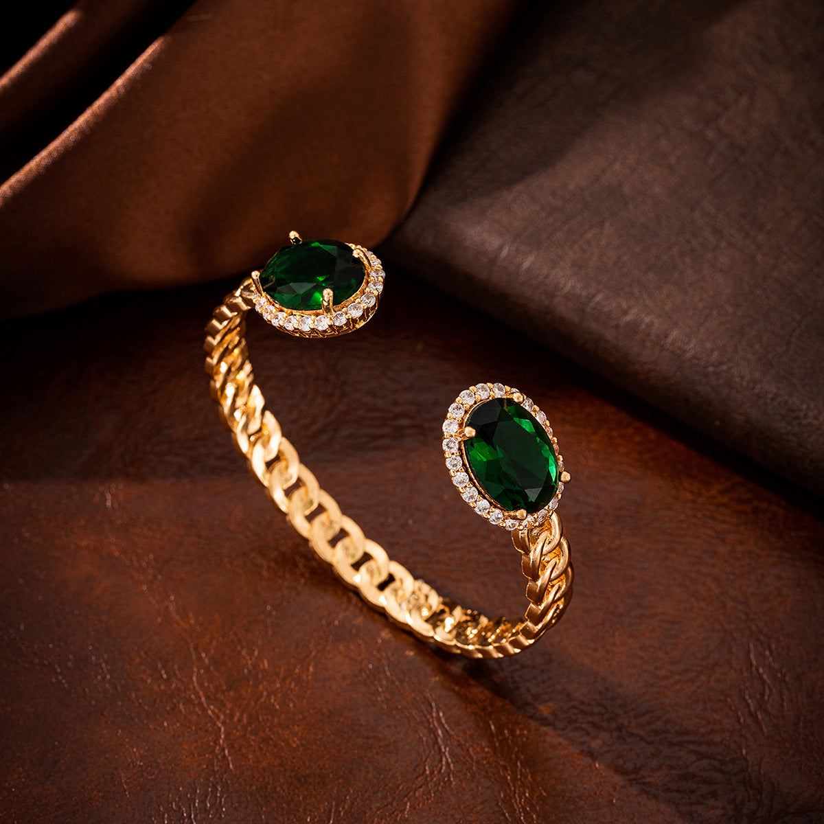 Oval cut Emerald Cuban Link Open Bangle and Ring set