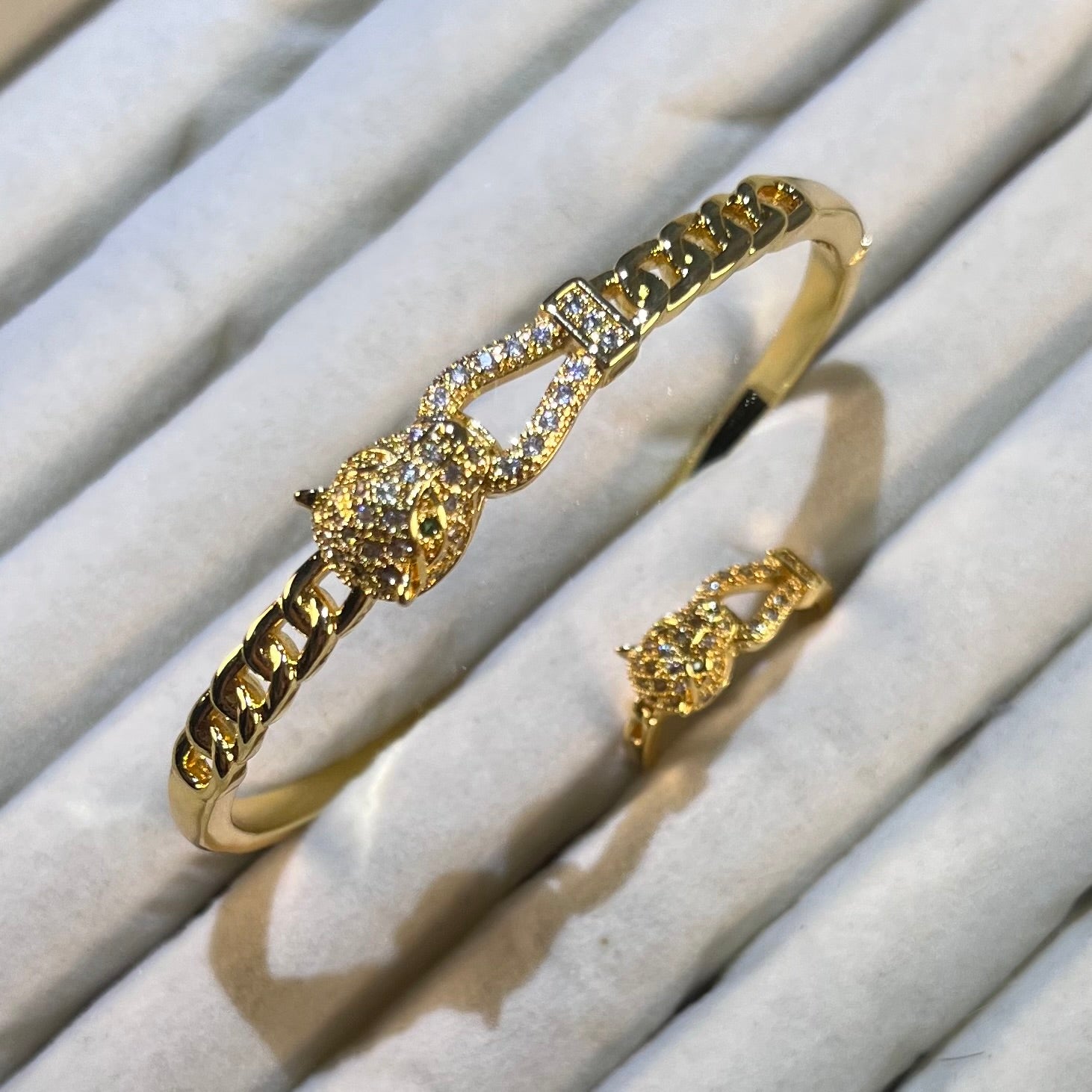 Chain Link Panther Head Lab-Created Gemstone Bracelet & Ring Set | Gold& Silver Tone Jewelry