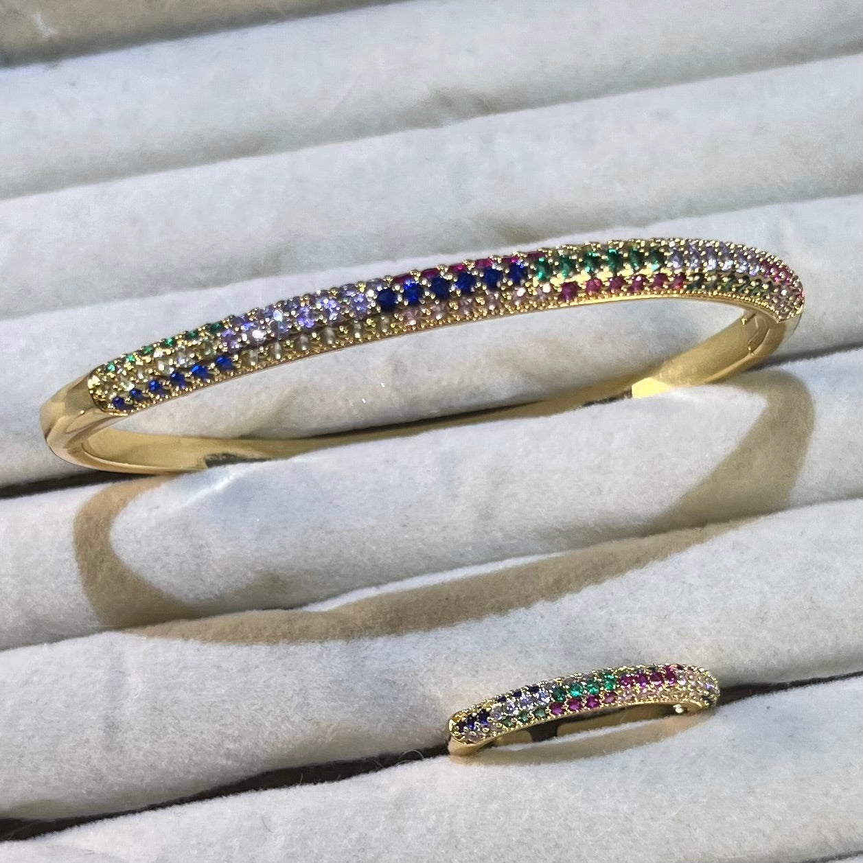 Rainbow Pave Lab-Created Gemstone Bangle & Ring Set | Gold&Silver-Tone Jewelry