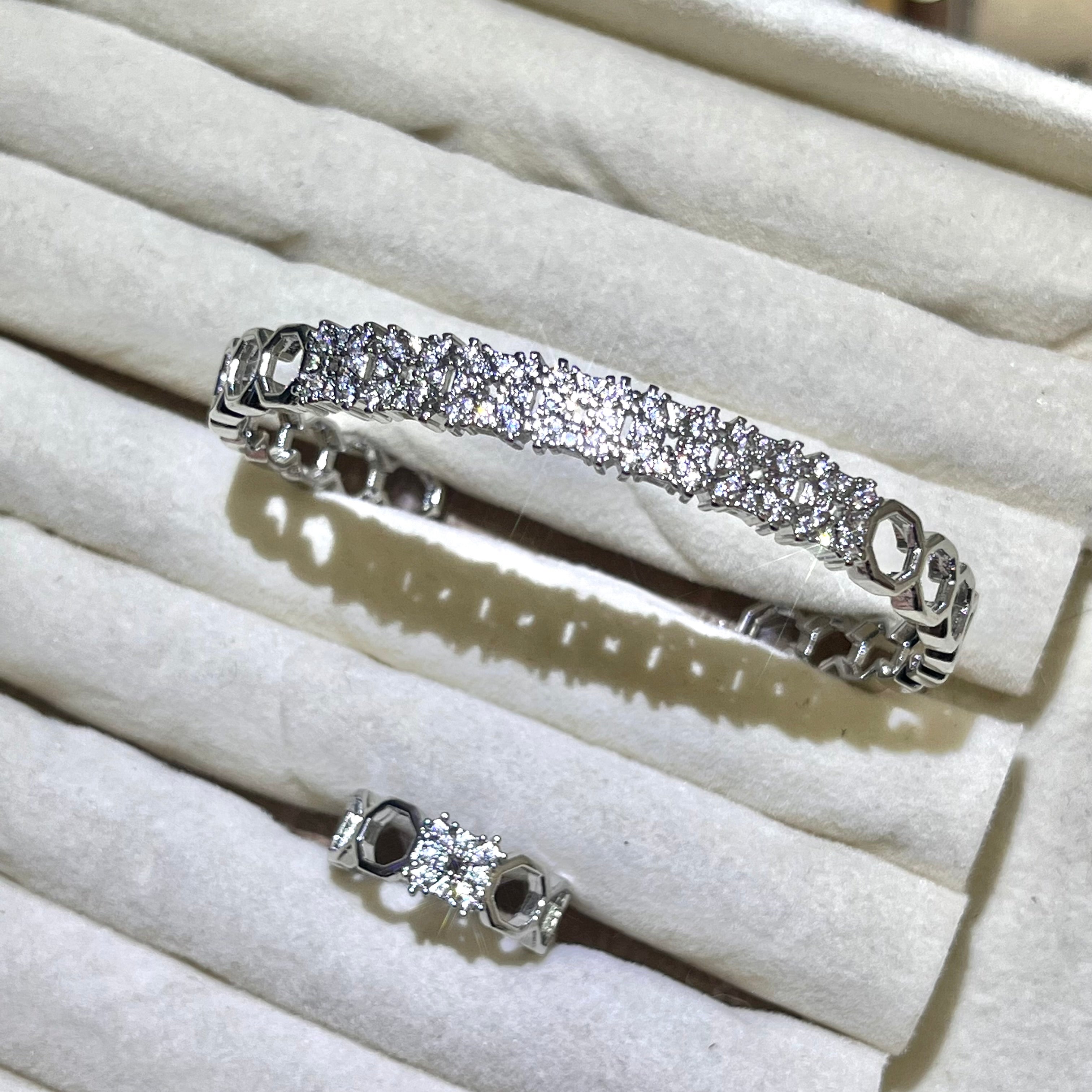 Shiny honeycomb hallowed Lux Lab-Created Gemstone Bangle and ring set| Gold& Silver Tone Jewelry