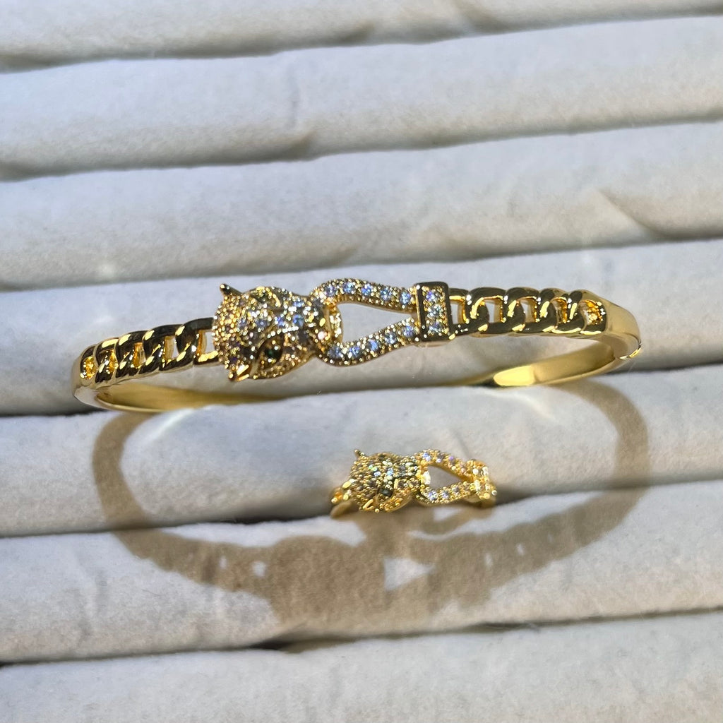 Chain Link Panther Head Lab-Created Gemstone Bracelet & Ring Set | Gold& Silver Tone Jewelry