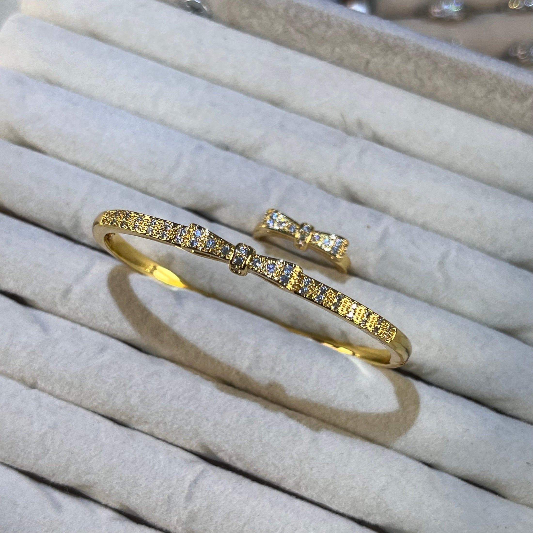 Dainty Bow Tie Pave Lab-Created Gemstone Bangle | Gold& Silver  Tone Jewelry