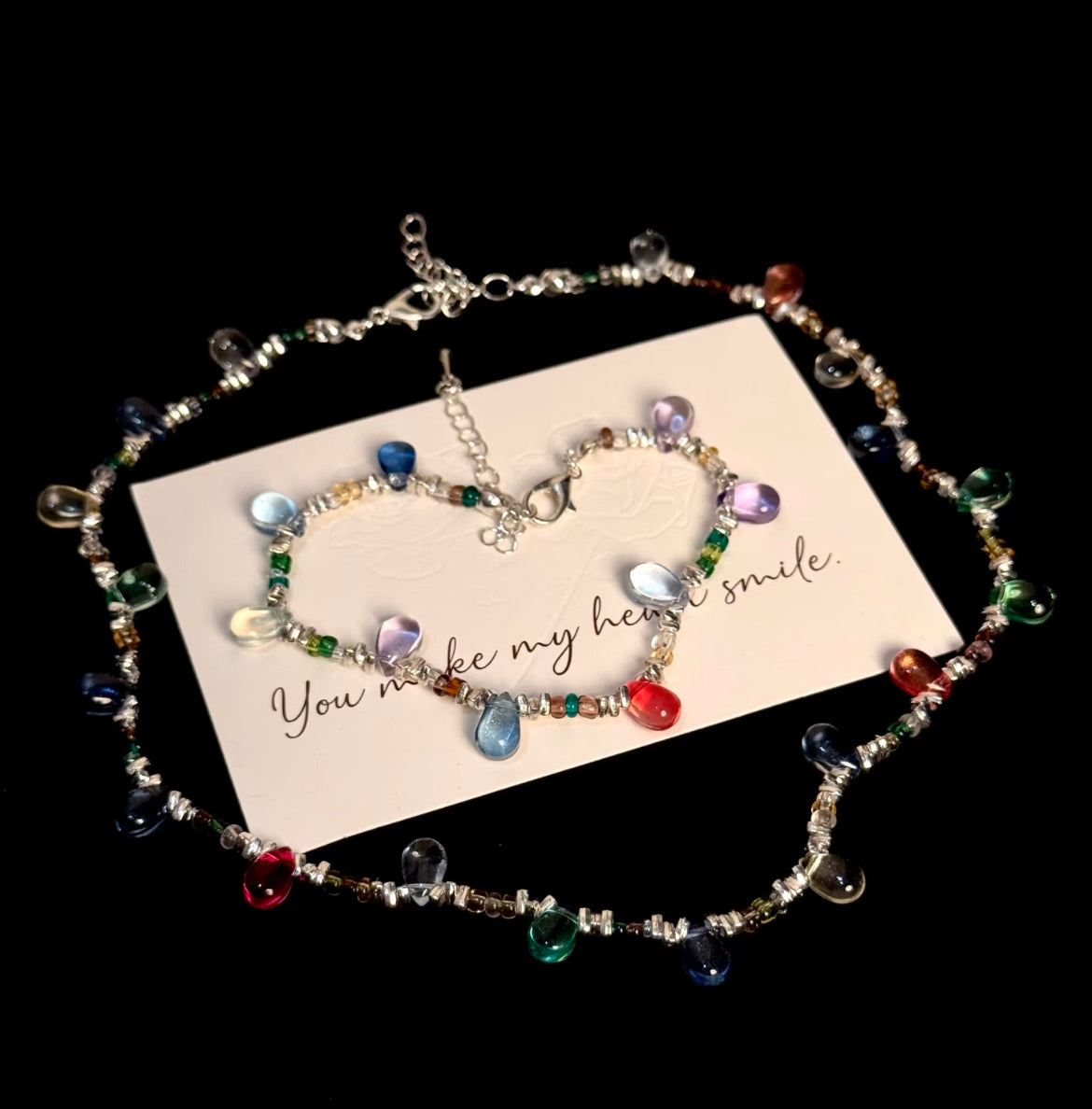 Handmade Rainbow Glass Teardrop Necklace & Bracelet