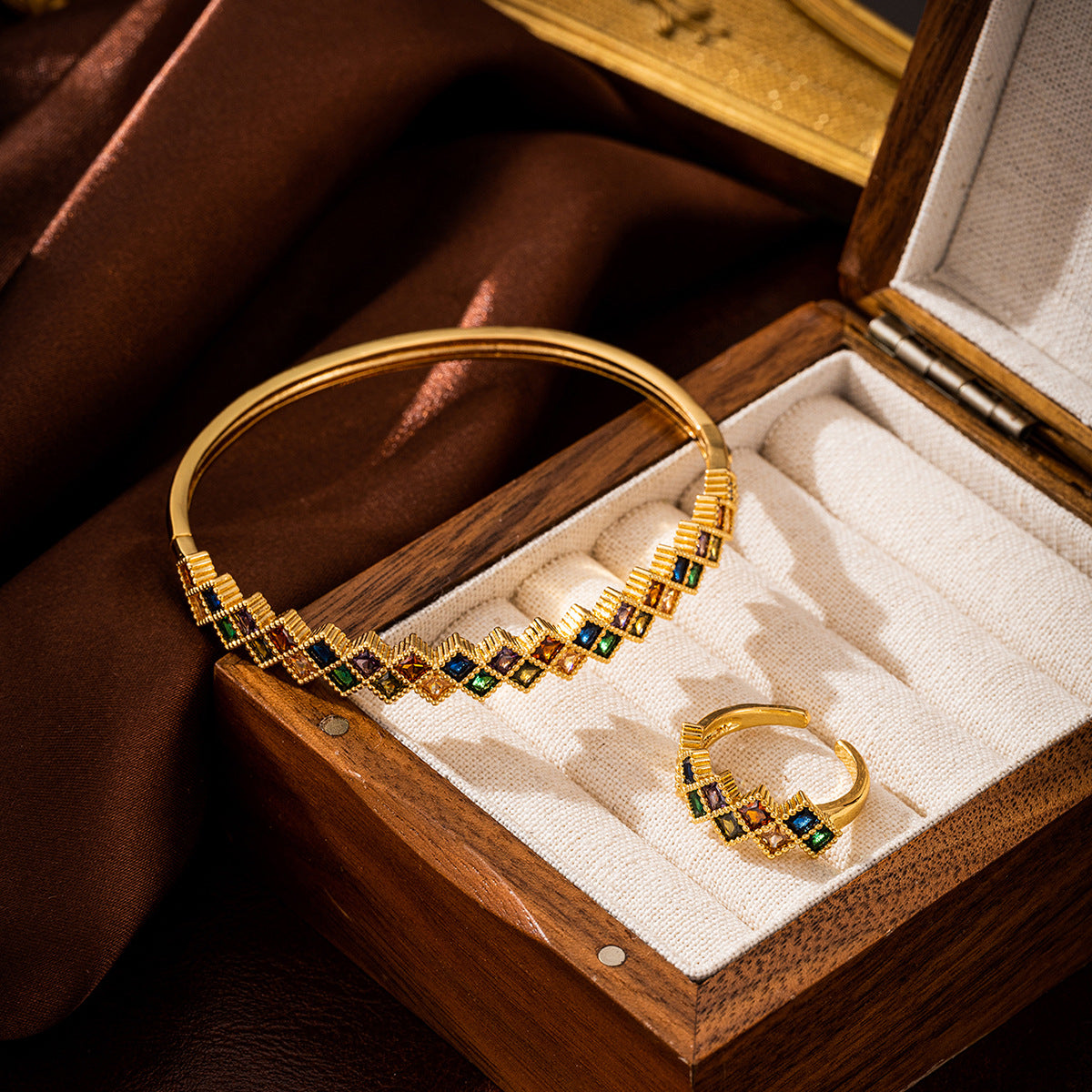 🌈Square Color gemstone golden bangle and ring set
