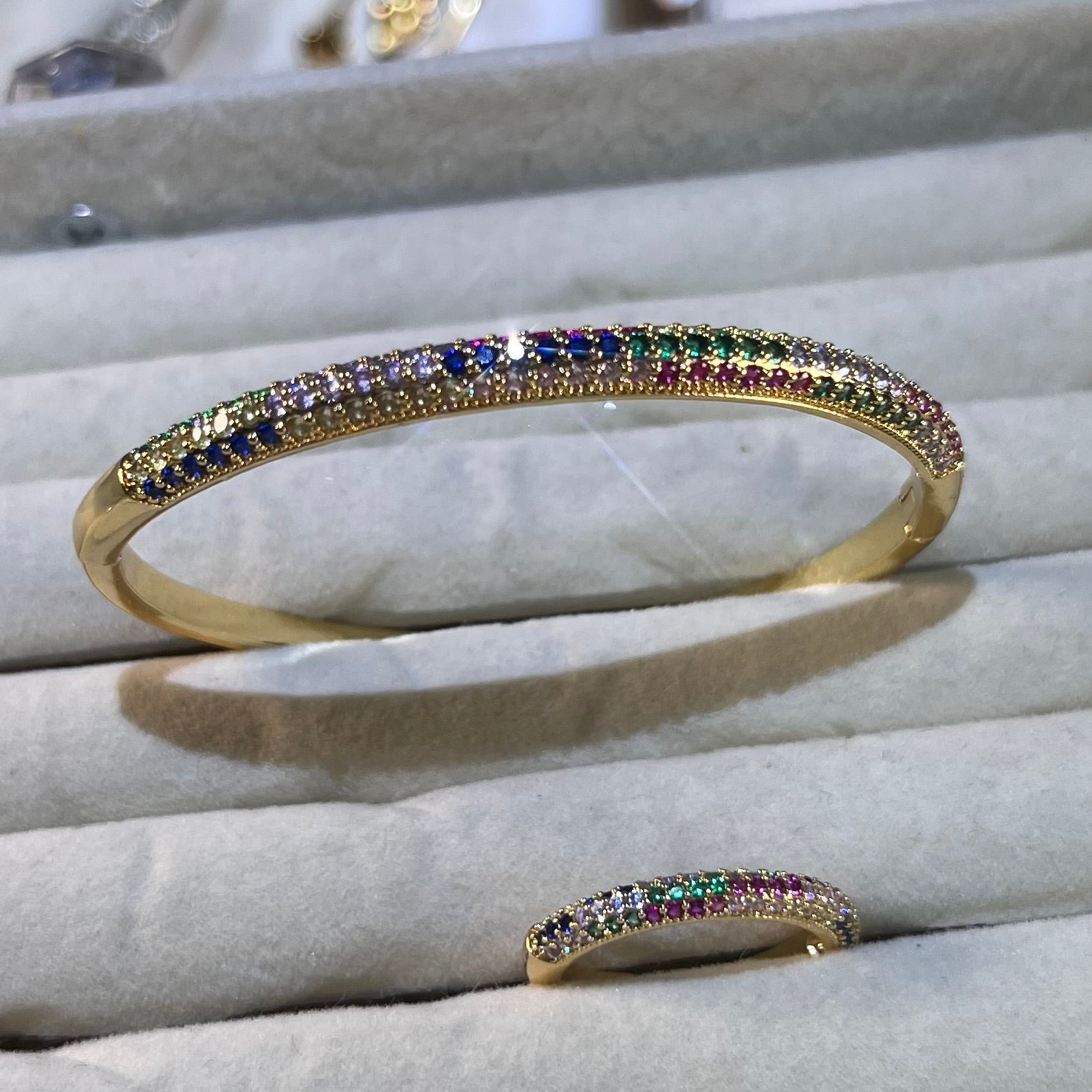 Rainbow Pave Lab-Created Gemstone Bangle & Ring Set | Gold&Silver-Tone Jewelry