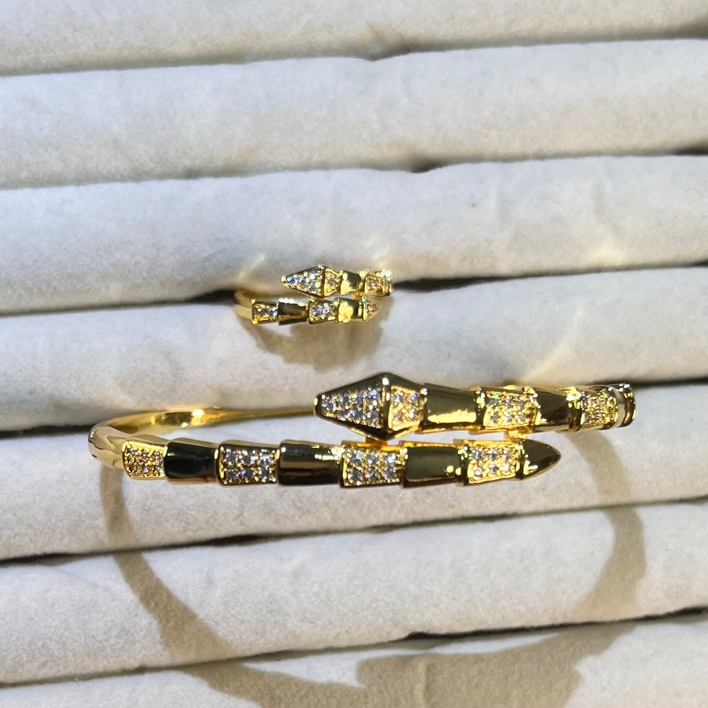 Dual-Headed Serpent Lab-Created Gemstone Bangle & Ring Set | Gold-Tone Jewelry