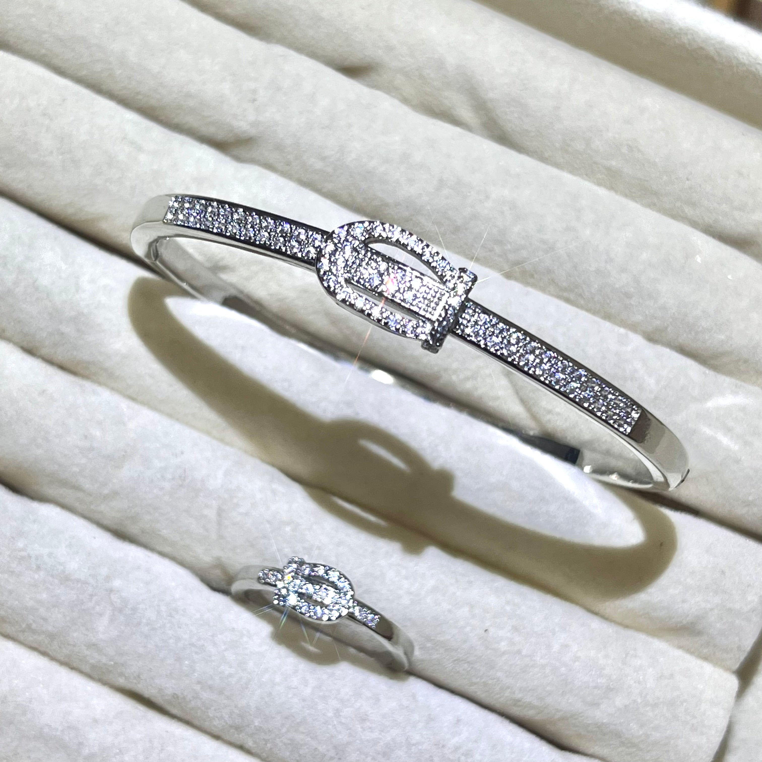 Buckle stylish Lab-Created Gemstone Bangle and ring set| Gold& Silver Tone Jewelry