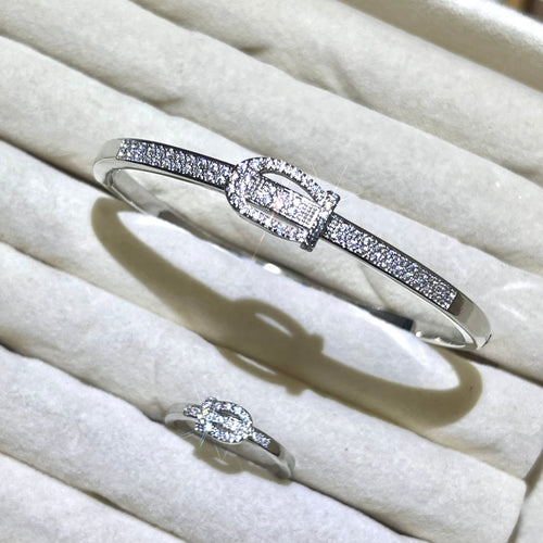 Buckle stylish Lab-Created Gemstone Bangle and ring set| Gold& Silver Tone Jewelry