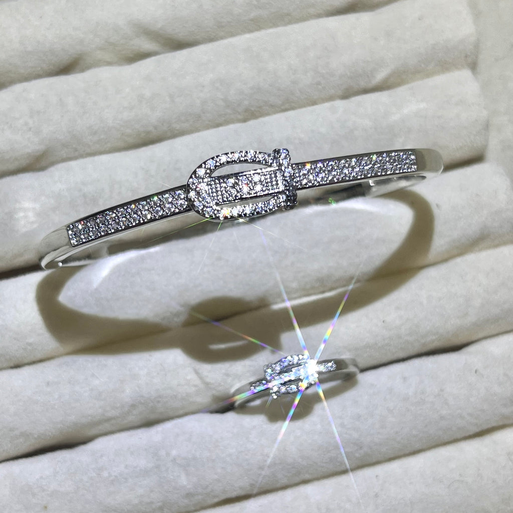 Buckle stylish Lab-Created Gemstone Bangle and ring set| Gold& Silver Tone Jewelry