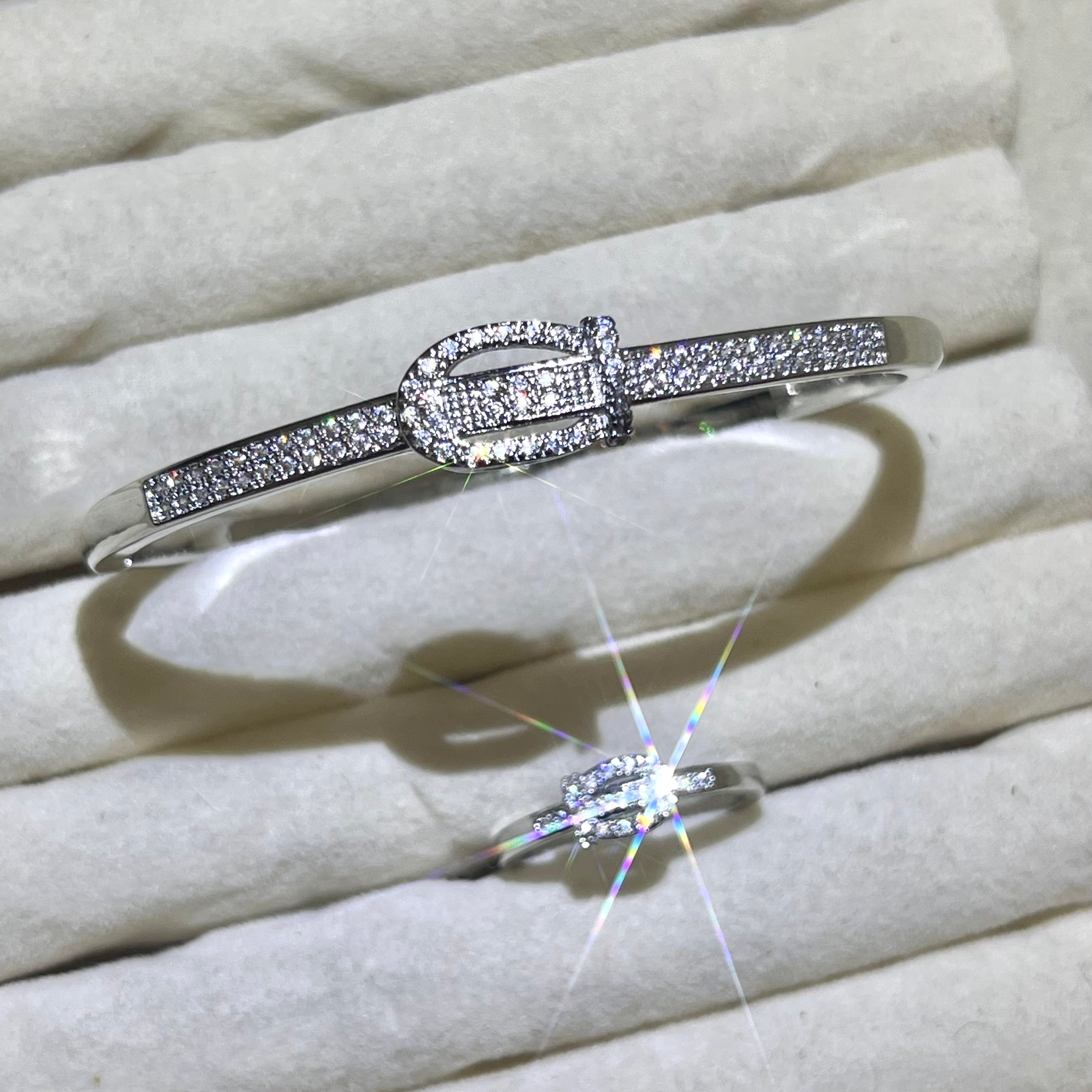 Buckle stylish Lab-Created Gemstone Bangle and ring set| Gold& Silver Tone Jewelry