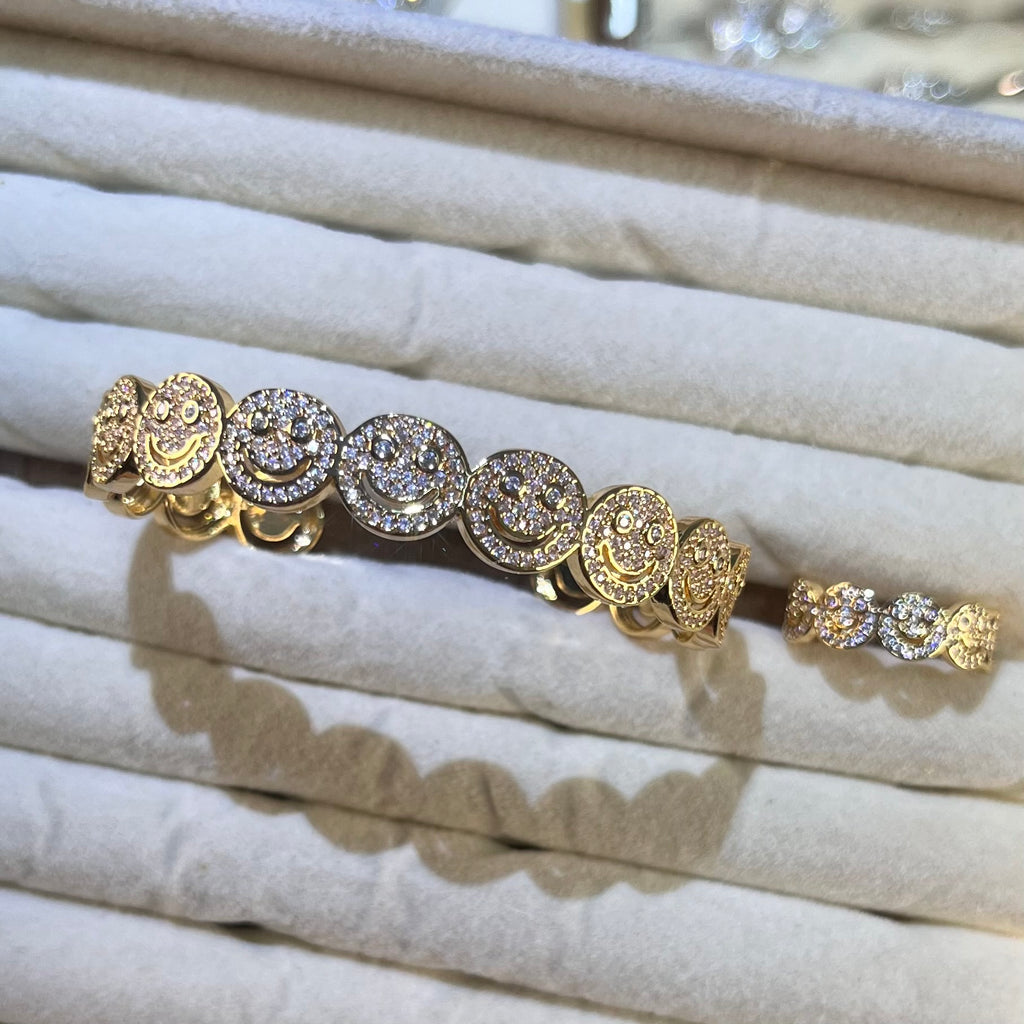Smiley Face Pave Lab-Created Gemstone Bangle & Ring Set | Gold-Tone Jewelry