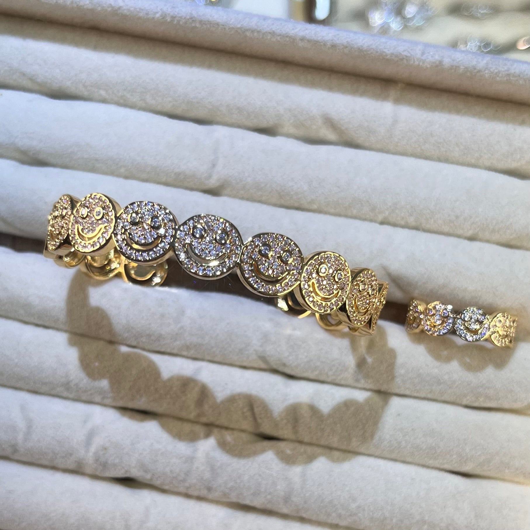 Smiley Face Pave Lab-Created Gemstone Bangle & Ring Set | Gold-Tone Jewelry