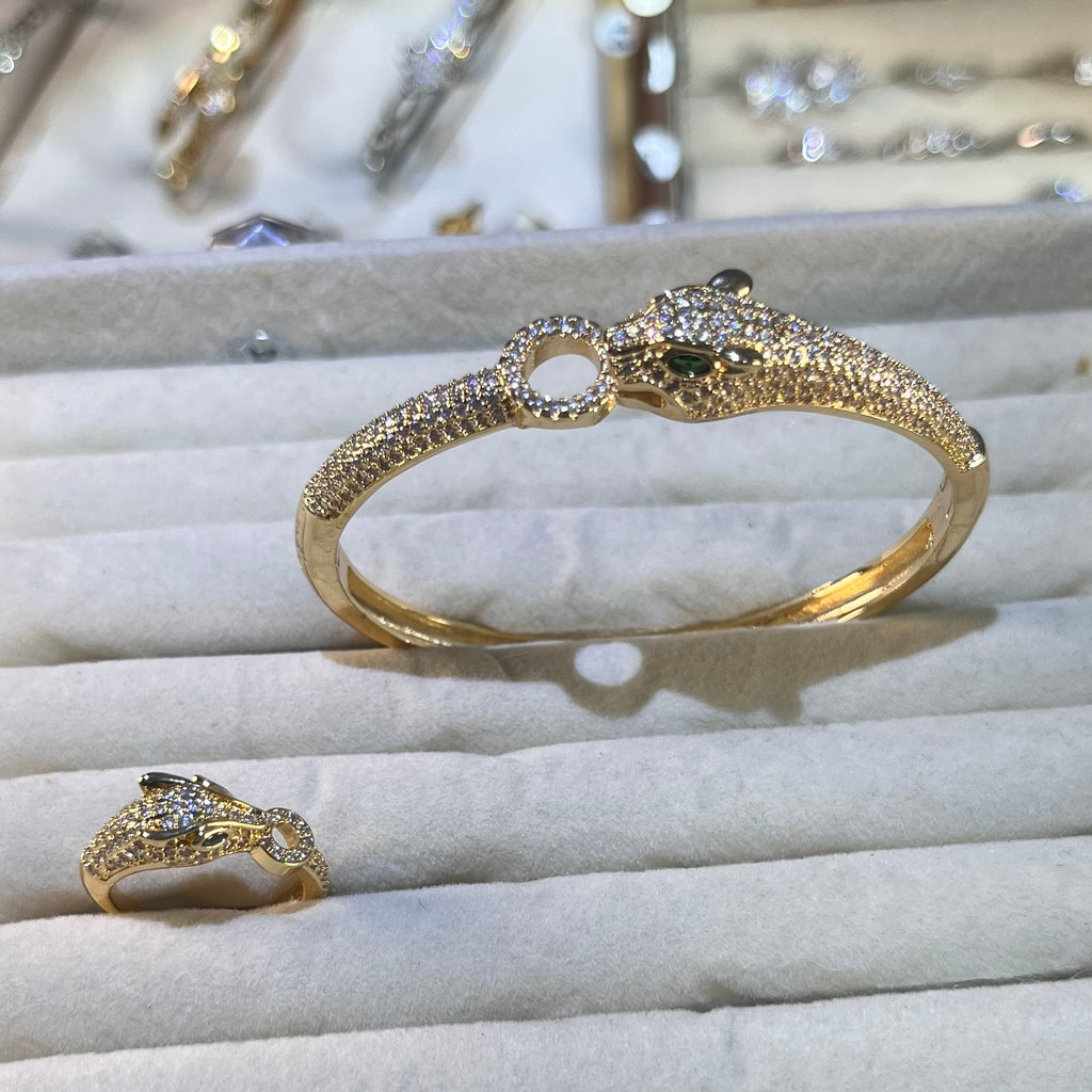 Emerald-Eye Panther Head Lab-Created Gemstone Bracelet & Ring Set | Gold-Tone Jewelry