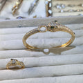 Emerald-Eye Panther Head Lab-Created Gemstone Bracelet & Ring Set | Gold-Tone Jewelry
