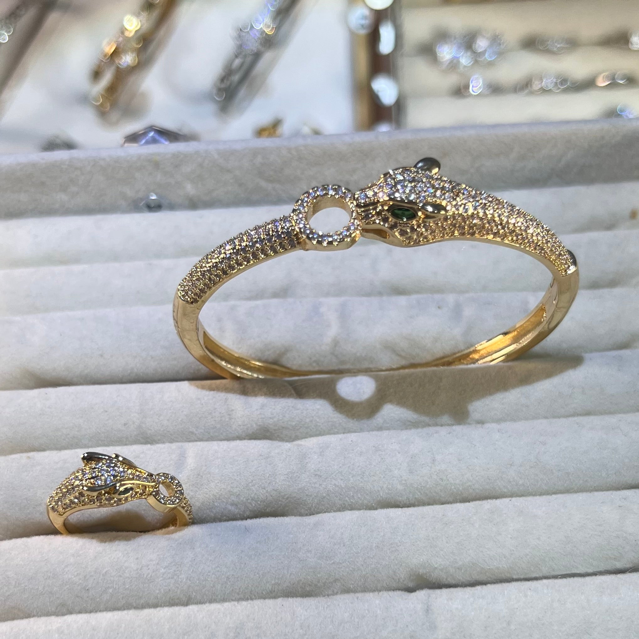 Emerald-Eye Panther Head Lab-Created Gemstone Bracelet & Ring Set | Gold-Tone Jewelry