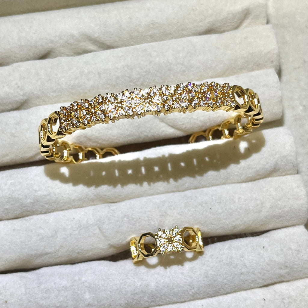 Shiny honeycomb hallowed Lux Lab-Created Gemstone Bangle and ring set| Gold& Silver Tone Jewelry