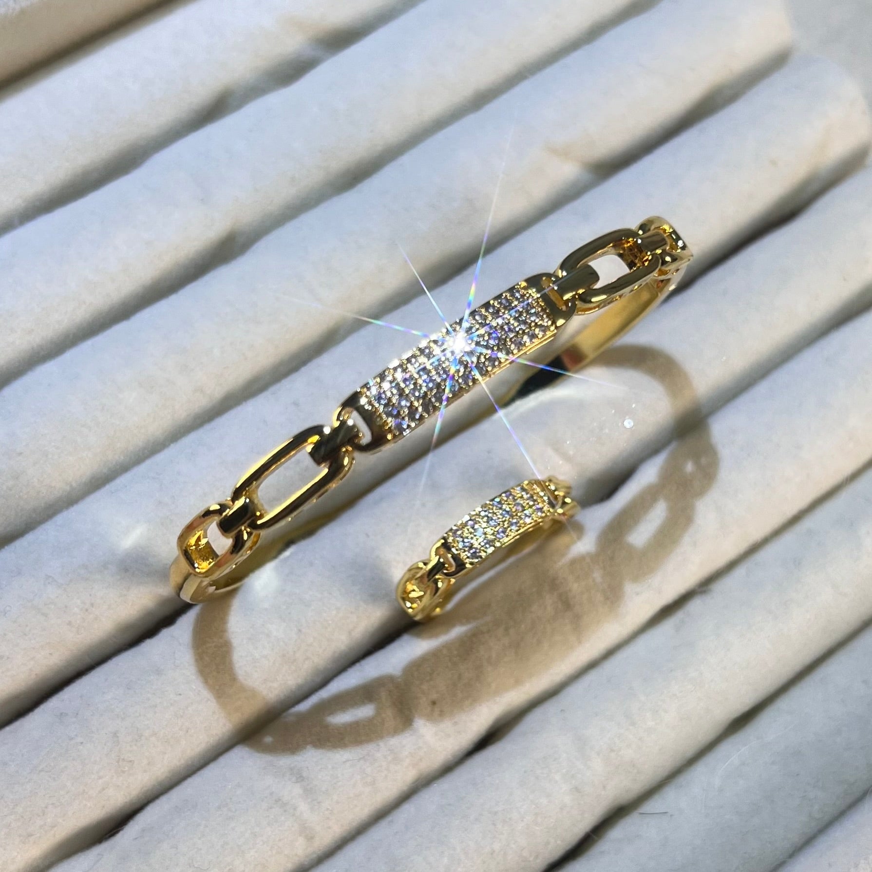 Paperclip Link Pave Lab-Created Gemstone Bracelet & Ring Set | Gold& Silver Tone Jewelry